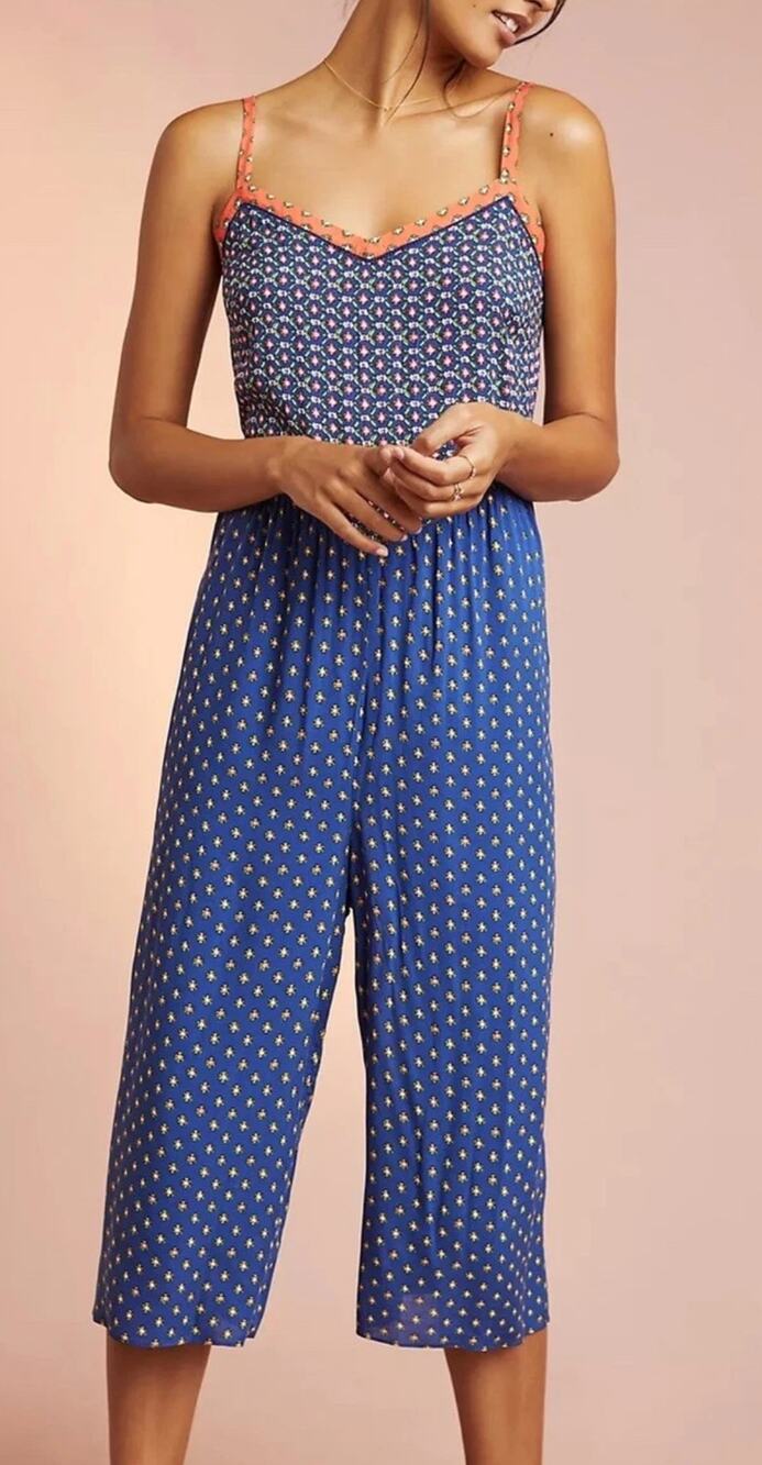 Anthropologie XL Blue Floral Wide Leg Cropped Jumpsuit Boho Adjustable Strap